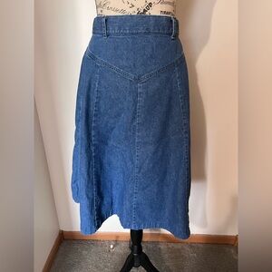 VTG Orvis High Waisted Denim Midi Skirt V-Yoke A-Line Blue Pockets Size 10